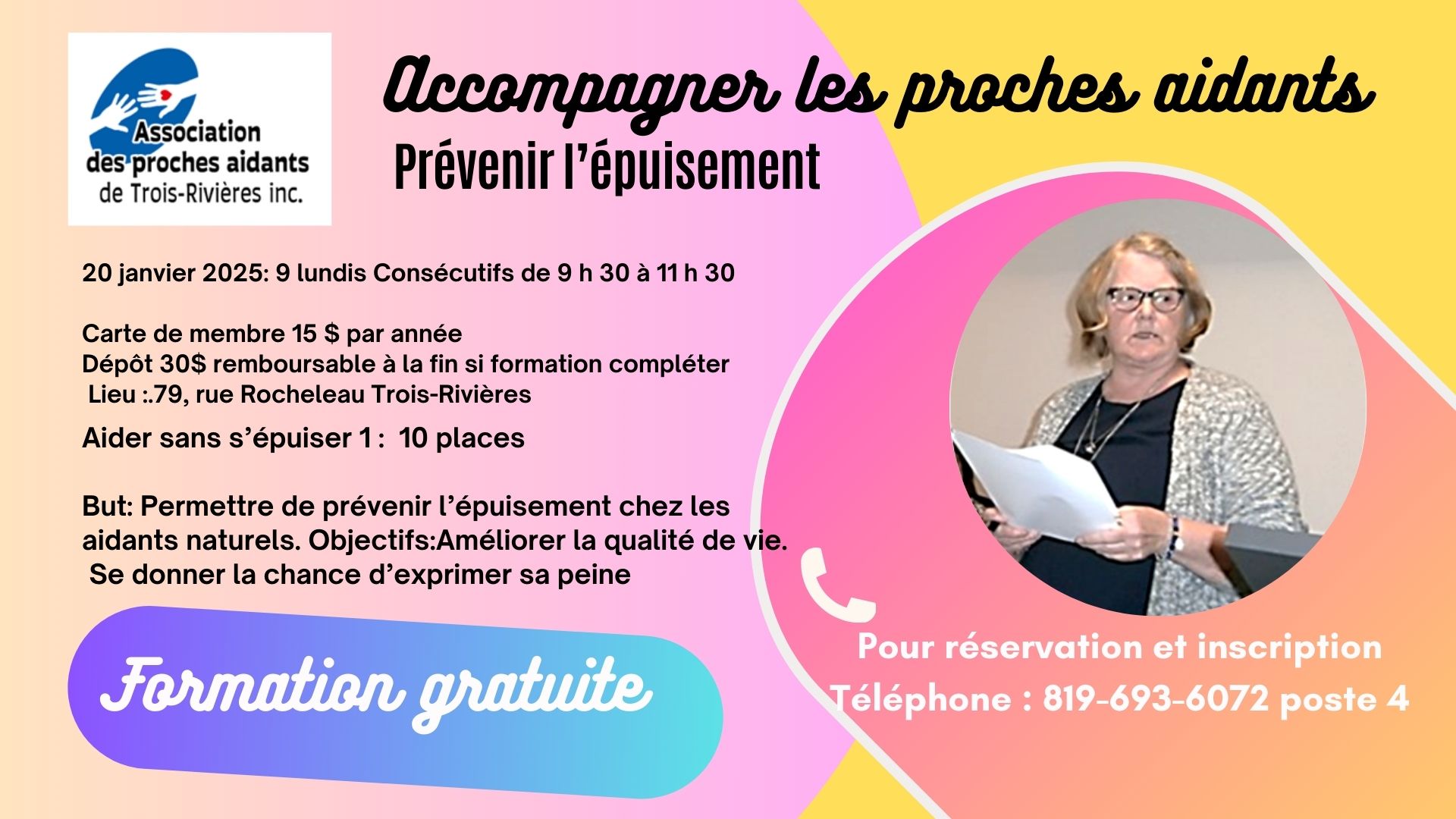 Formation « Aider sans s'épuiser 1 » L’HORAIRE DE LA FORMATION débute le 21 janvier 2025 Aider sans s’épuiser 1 : 10 places 21 janvier 2025 , 10 mardis consécutifs de 13 :30 à 15h 30 Gratuit Lieu : Maurice Pitre TRO (Emplacement : 6455, rue Notre-Dame Ouest) Intervenante psychosociale et Diane Normandin Aider sans s’épuiser 1  Appelez-nous pour réserver votre place et plus d’information au 819-693-6072 poste 4 lundi, mercredi et vendredi ( mercredi et jeudi répondeur ) But: Permettre de prévenir l’épuisemen