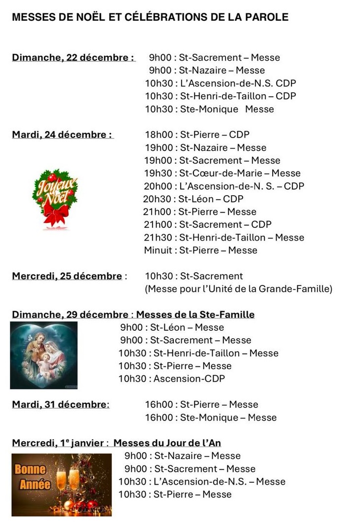 Horaire des messes temps des fêtes 2024-25