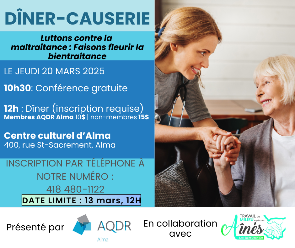 Dîner-Causerie AQDR Alma : Faire fleurir la bientraitance. Conférence GRATUITE, repas facultatif payant.