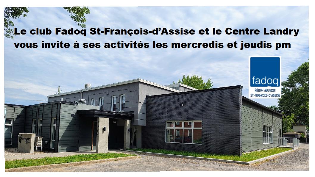Le club Fadoq St-François-d'Assise vous invite tous les mercredis du 10 septembre 2025 au 6 mai 2026 pour des rencontres amicales auxquelles vous pourrez jouer soit au jeu de cartes 4 DE PIQUE ou à la PÉTANQUE SUR TAPIS.  Le tout se déroule au Centre Landry, 1954 rue St-François-d'Assise, Trois-Rivières G9A 1N5 au coût de 5$ collations incluses.