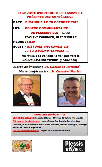 Affiche promotionnelle pour la conférence de La Société d'histoire de Plessisville