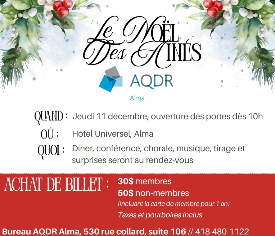 Procurez-vous votre billet dès maintenant au 530 rue collard (suite 106), 30$/ membre et 50$/non-membre incluant la carte de membre pour 1 an ! Venez vous empreindre de la magie des Fêtes le 11 décembre à l'Hôtel Universel, salle Jacques-Gagnon !