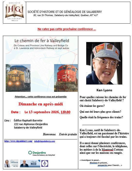 Les prochaines conférences de la Société d'histoire et de généalogie de Salaberry