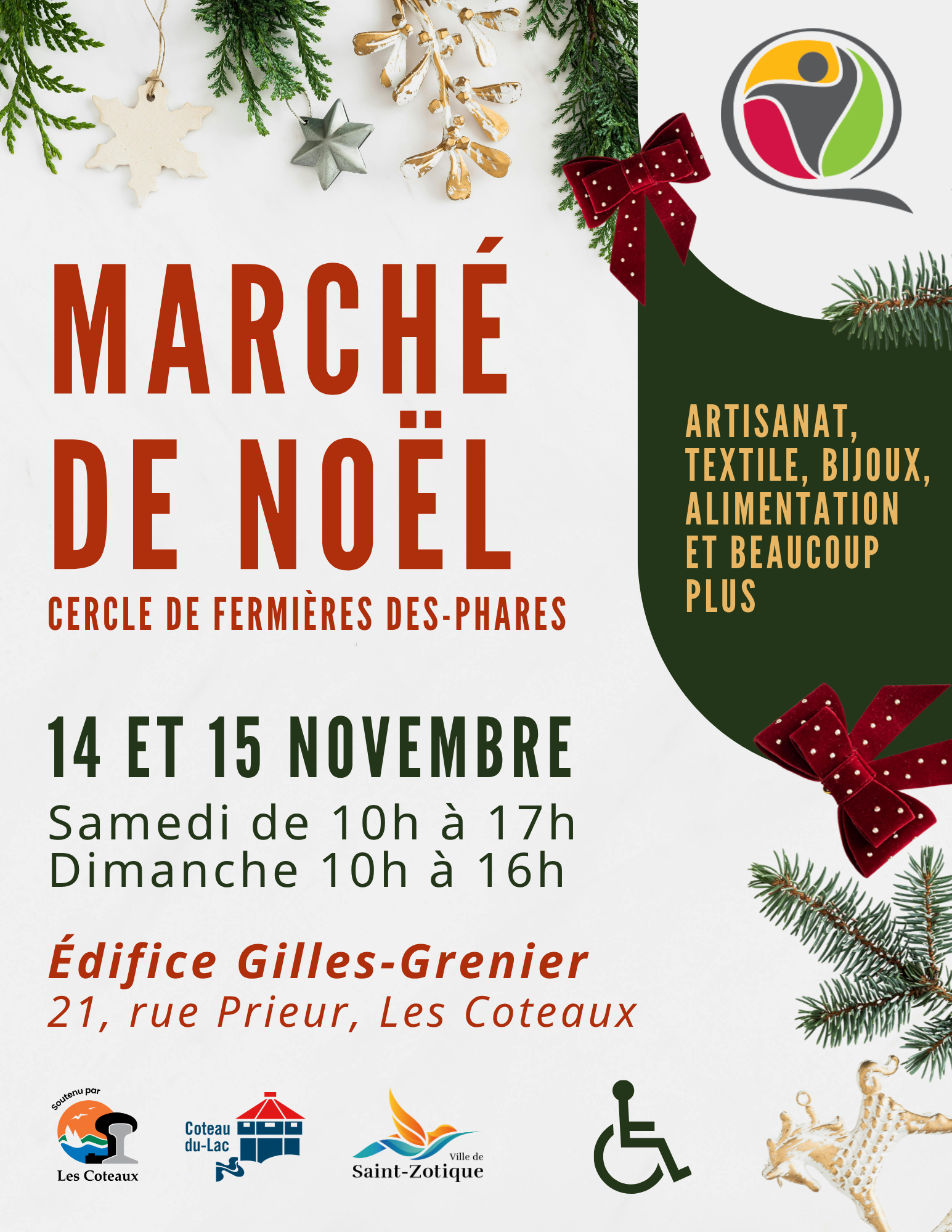 Marché de Noël du Cercle de Fermières Des-Phares, qui a lieu au 21 Prieur, Les Coteaux, les 14 et 15 novembre 2026