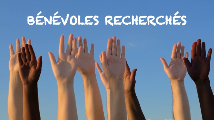 Des mains levées devant un ciel bleu avec le titre «Bénévoles recherchés»